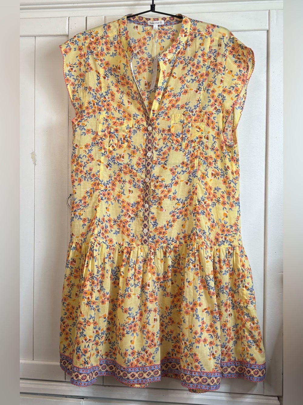 Poupette St Barth Amora Drop Waist Mini Dress Yellow Kookoo Bird Large NWT - Picture 5 of 16